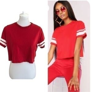 H&M red crop baby tee top with white stripe sleeve